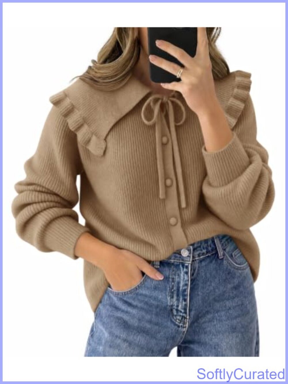 Oversized Ruffle Peter Pan Collar Cardigan Tie Front Button Up Knit Sweater